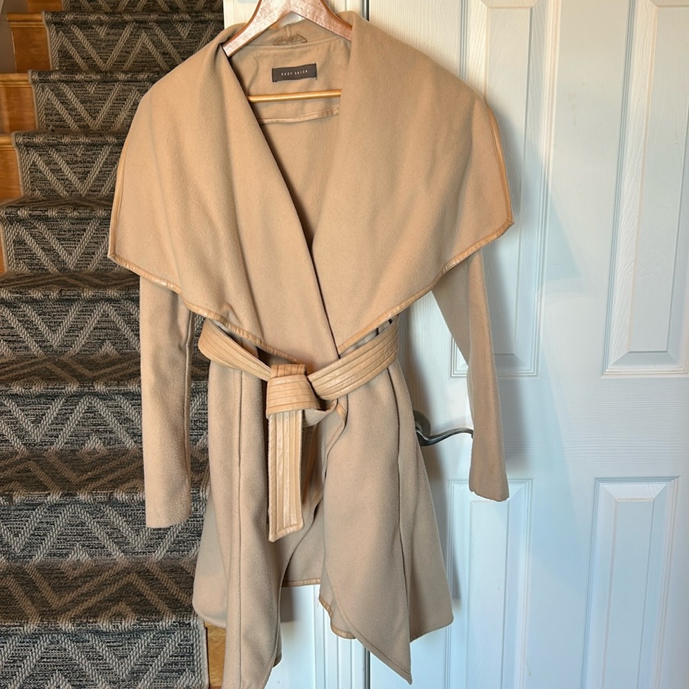 Suzy Shier camel colored wrap coat with belt